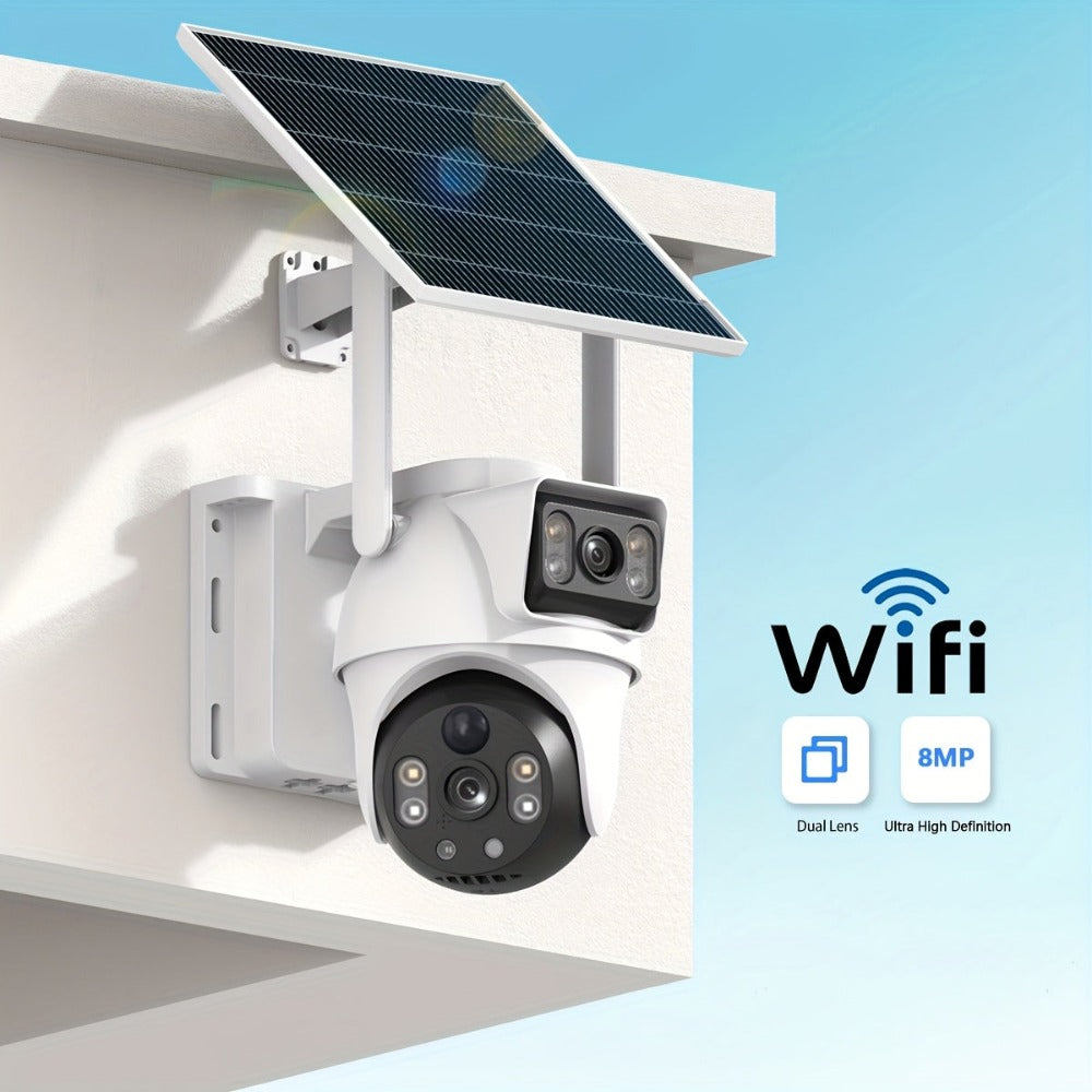 XIAOVV Cámara de Seguridad Solar de Doble Lente de 8MP, Alimentada por Batería, Conexión Wifi 2.4G, Visión Nocturna a Color, Seguimiento Automático de Humanos, Audio Bidireccional, Cámara de Vigilancia Inalámbrica PTZ para el Hogar con Rotación Horizontal