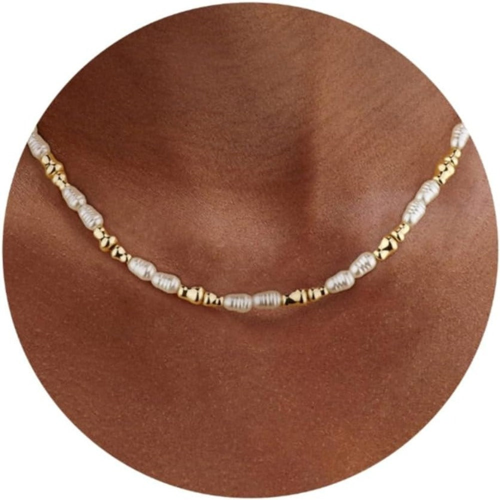 Collar de Perlas Imitación para Mujer, Collar Dorado y Plateado con Choker Irregular de 4x6mm en Forma Inusual Ideal para Bodas, Graduaciones o Bailes; Joyería Regalo, 40+5cm
