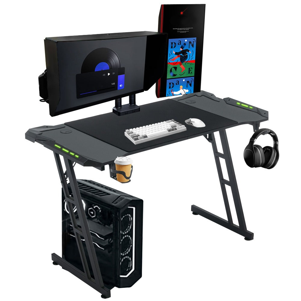 Mesa Gaming Mesa Gaming Escritorio Negro Tapa de Fibra de Carbono Mesa de Ordenador Gamer Mesa de PC Ergonómica con Agujero para Cables