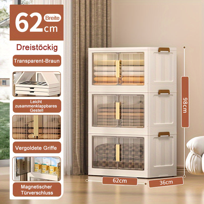 Armario de Almacenamiento Plegable con Ruedas y Puertas - Extra Gran Capacidad, Diseño Transparente para Dormitorio, Organización de Armario para Ropa, Documentos, Juguetes - Organizador de Plástico