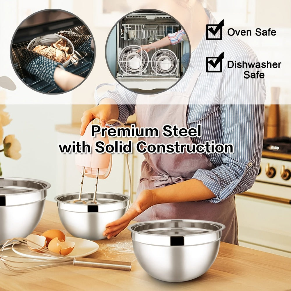 Juego de 7 piezas de ensaladeras prémium de acero inoxidable con tapas, juego de ensaladeras apilables, cuencos duraderos y gruesos, aptos para ensaladas, aptos para lavavajillas y microondas, ideal para Navidad, Hanukkah, Pascua, Acción de Gracias, almac