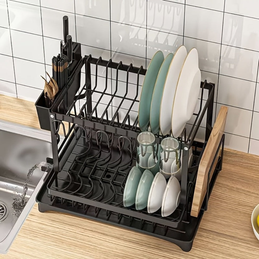 Escurridor de platos de acero al carbono de 2 niveles para encimera de cocina, escurridor de platos que ahorra espacio, con soporte para utensilios y soporte para tabla de cortar, escurridor de gran capacidad con sistema de drenaje giratorio