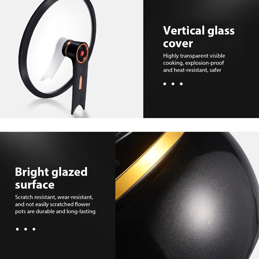 Olla Grande de 28 cm con Tapa de Cierre - Olla Versátil para Sopas y Estofados Rápidos, Compatible con Estufas de Gas, Diseño Elegante en Negro y Dorado, Tapa de Vidrio, Opciones Multicolor de Moda - Regalo Ideal para el Hogar