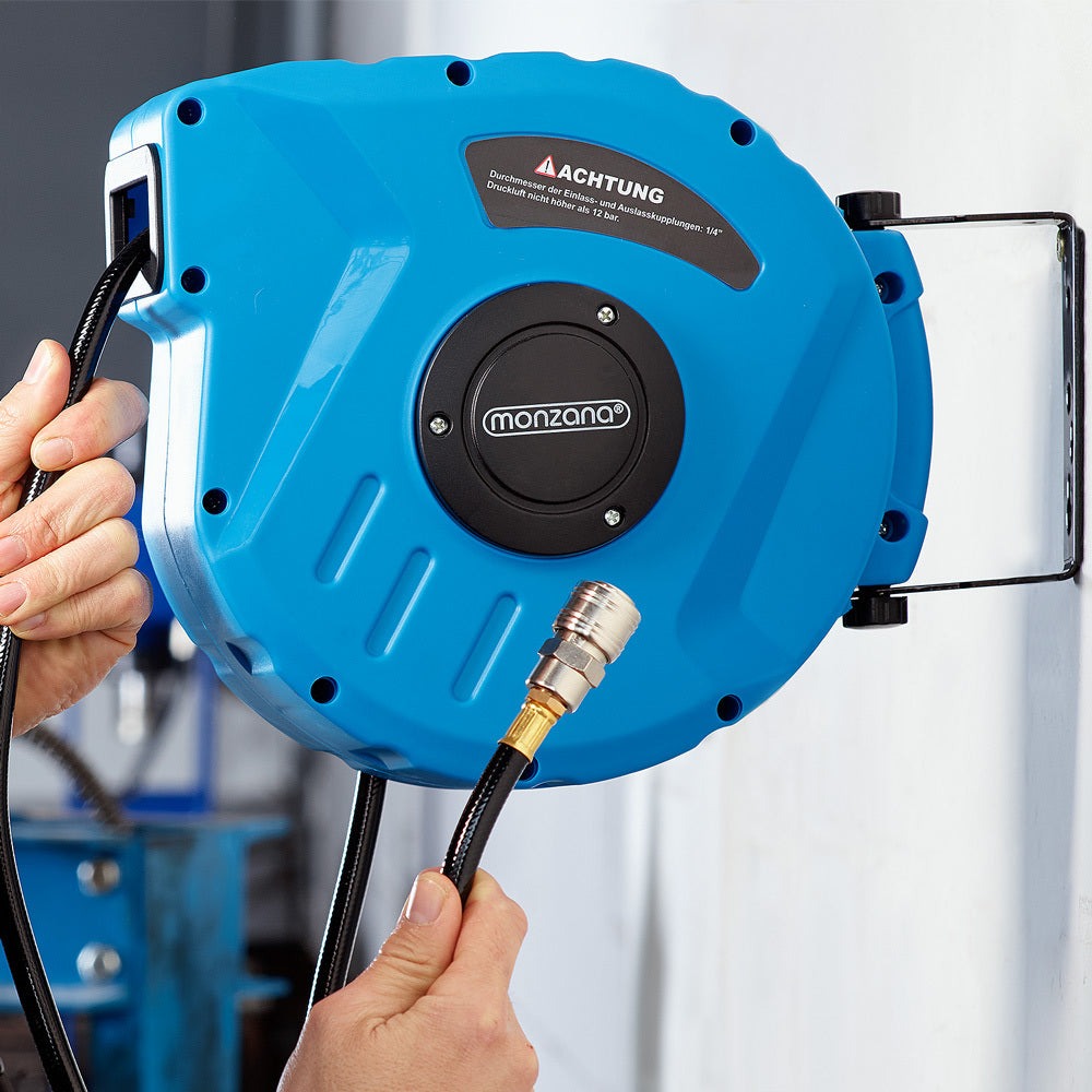 MONZANA® Manguera de Aire Reel 10M+1M Retroalimentación Automática Conexión 1/4" 12 Bar Ø12Mm Enroscador de Manguera Automático Montaje en Pared de Manguera de Aire