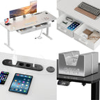 Escritorio de oficina eléctrico ajustable en altura, mesa de PC de oficina para juegos con enchufes incorporados, escritorio ajustable en altura para sentarse o estar de pie con 2 cajones de tela, escritorio grande, función de memoria, 5 tamaños