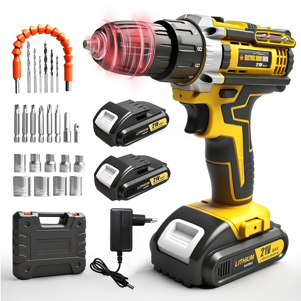 Juego de taladro inalámbrico. El nuevo taladro está equipado con un portabrocas sin llave de 3/8 de pulgada y una luz de trabajo. Tiene las funciones de un taladro de pistola T y un destornillador eléctrico ideal para proyectos domésticos. Con un diseño e