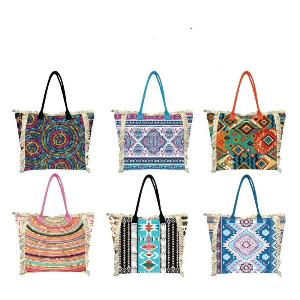 MEJORADA Bolso de playa grande con estampado bohemio, ideal para verano, con flecos de algodón, forro interior y bolsillos, 55×37×19 CM, tejido 100% poliéster