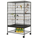 Jaula Grande para Aves, Jaula de Metal con 4 Ruedas, Jaula para Periquitos con Comedero y Columpio Saltarín, 2 Puertas y 4 Barras de Madera, 132 x 78 x 52 cm