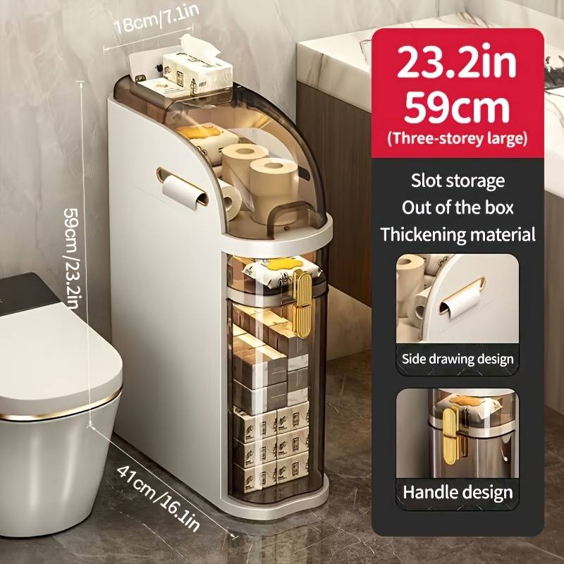 Armario de almacenamiento estrecho para baño de 5/4/3 niveles que ahorra espacio con cajones y soporte para papel higiénico - Organizador delgado independiente con estantes ajustables, construcción de plástico de alta calidad, armario de piso compacto par