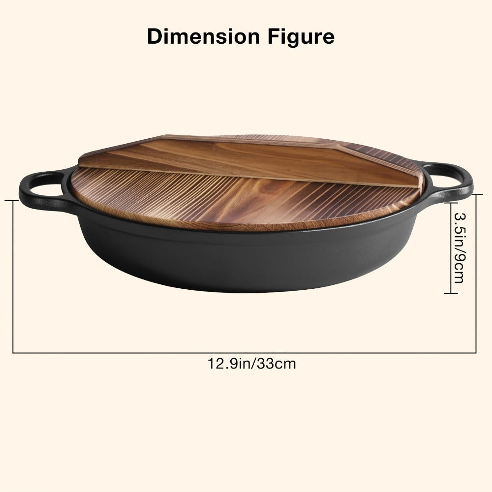 Olla de hierro fundido de 25CM con doble asa y tapa de madera, material de hierro fundido de alta calidad, conducción de calor uniforme, compatible con vaporización, fritura, estofado y hervido, apta para cocinas de inducción, estufas de cerámica y fuego