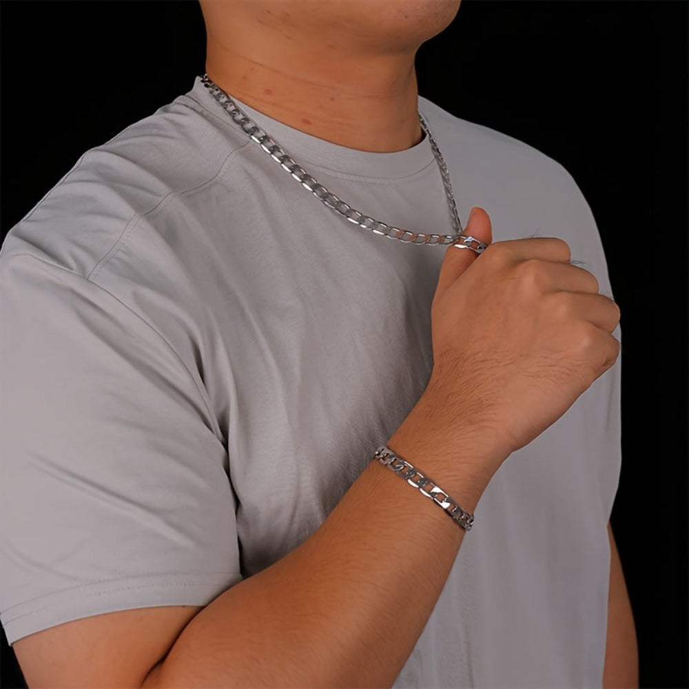 Juego de joyería plateado en plata de 925, collar de eslabones cubanos de 8 mm + juego de pulsera, joyería minimalista, regalo para el Día de San Valentín, Día de la Madre, Día del Padre, empaque en caja de regalo