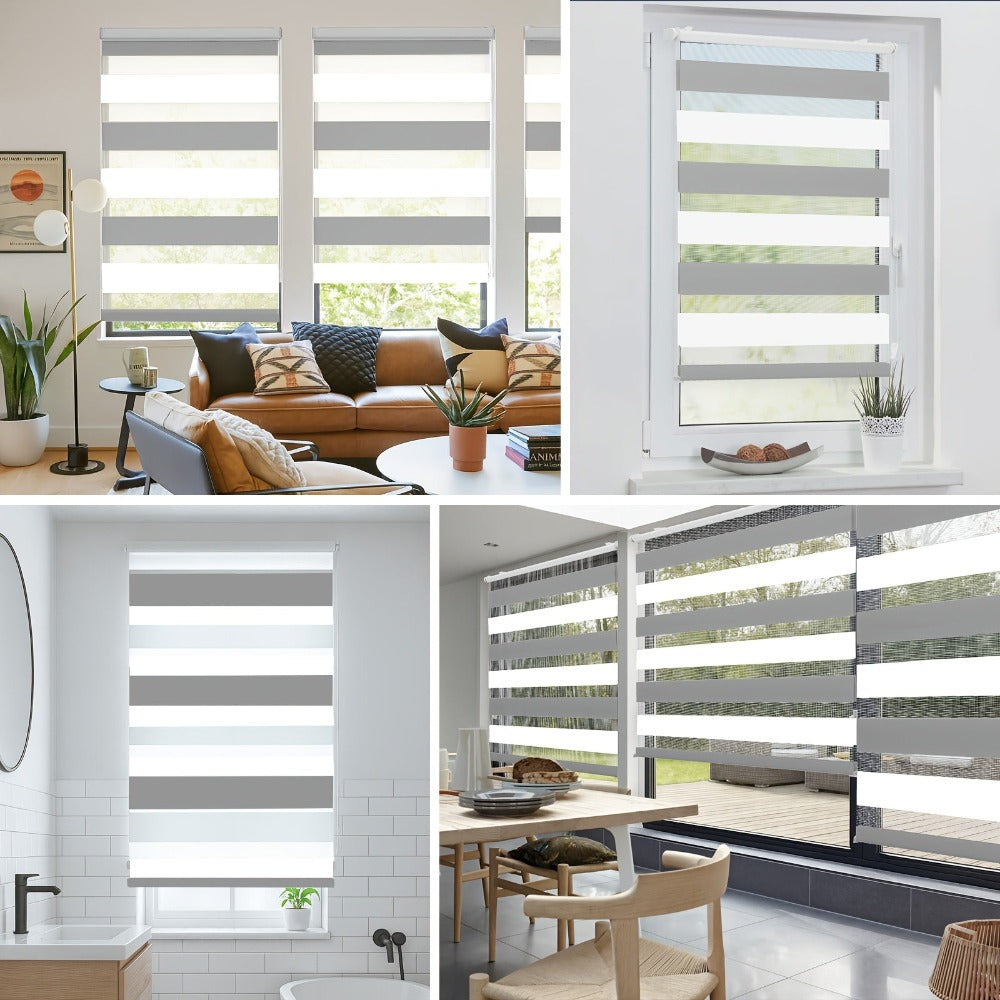 Persianas enrollables dobles Sekey con fijación de clip (no requiere taladrar) para ventanas, persianas enrollables dobles de dos tonos, persianas enrollables duo, protección solar, blanco y gris claro, marrón claro y gris-marrón, verde y verde claro