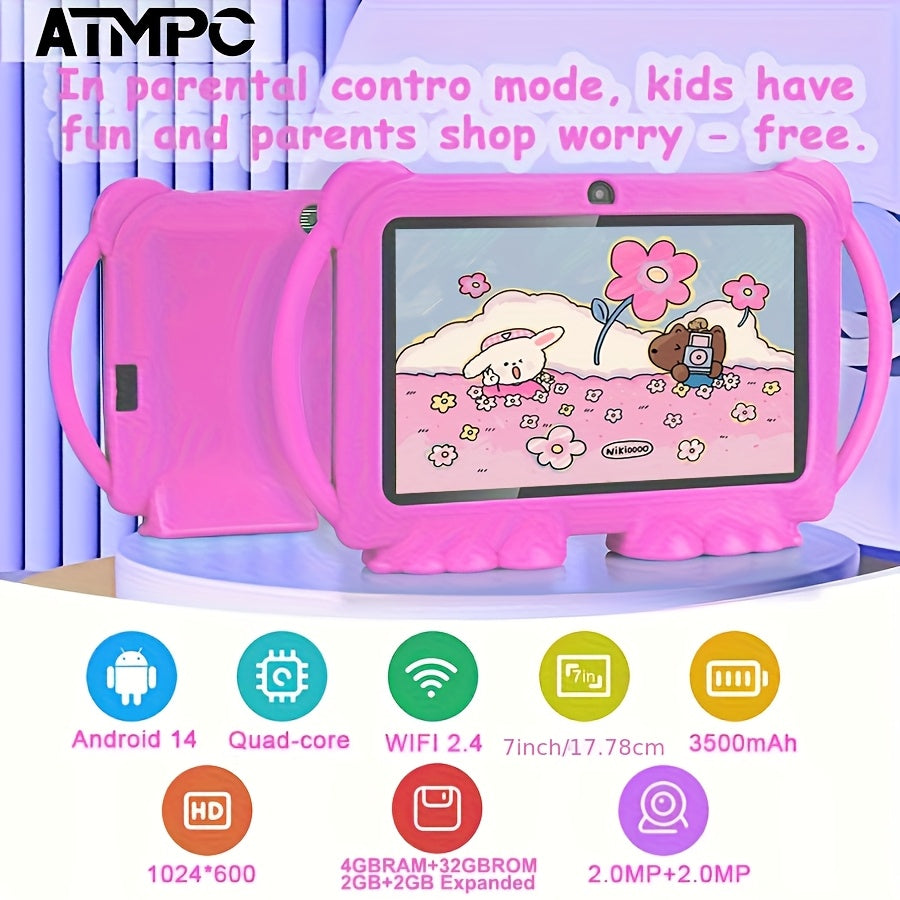 Tablet | Tableta para niños ATMPC de 7 pulgadas, 32 GB de ROM, 4 GB (2 GB + 2 GB) de RAM, Android 14.0 con WiFi 2.4G, pantalla de protección