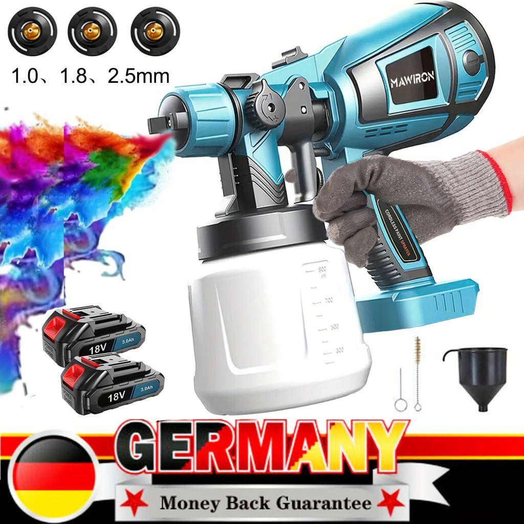 Rociador de Pintura Compatible con Batería Makita 18V, 2x Baterías Inalámbricas de 3000mAh, Distancia de Pintado de 20cm, 3 Boquillas (1.0/1.8/2.5mm), Kit de Limpieza, Rociador Manual para Paredes y Madera