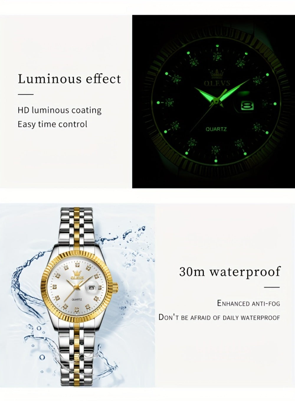OLEVS Reloj de Mujer Clásico de Negocios, Relojes Analógicos de Cuarzo para Mujer, Relojes Elegantes de Lujo de Acero Inoxidable con Diamantes de Rhein, Relojes Luminosos para Mujer con Calendario y Fecha para Damas, Regalos Románticos, Reloj de Pulsera p