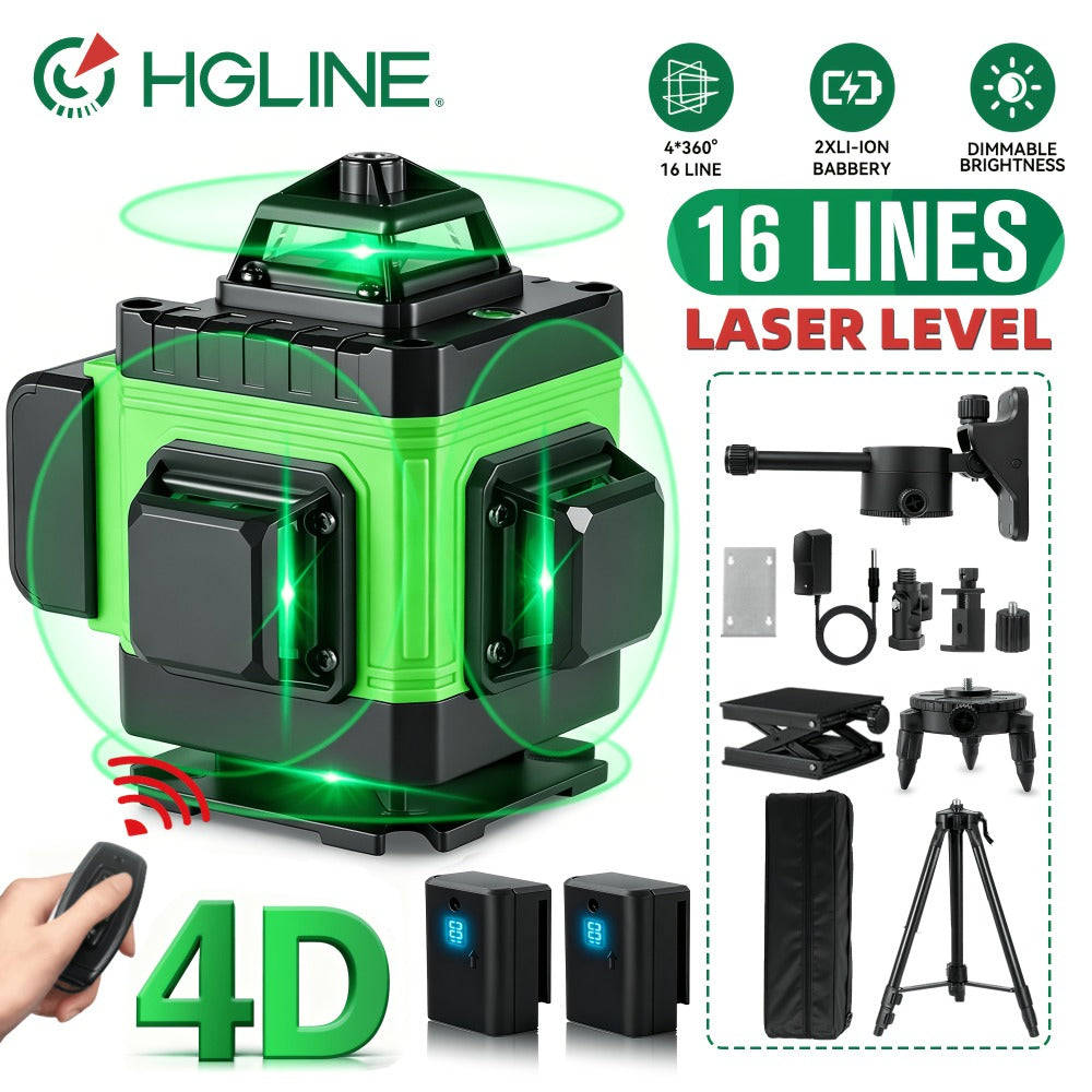 1 Juego de Nivel Láser de 16 Líneas con Nivelación Automática de 360°, Herramienta de Nivel Láser de Línea Cruzada Verde 4X360° para Construcción y Colgar Cuadros, Nivel Láser 4D con 2 Baterías Recargables