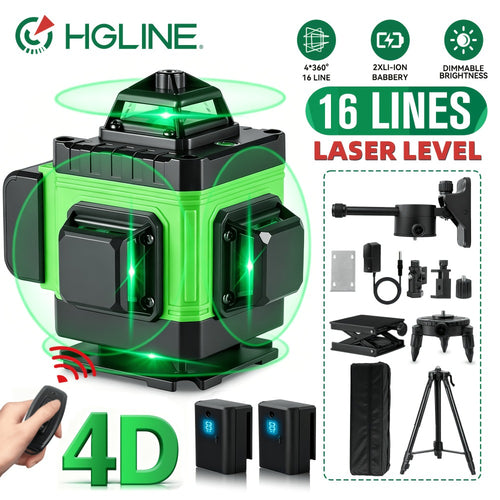 1 Juego de Nivel Láser de 16 Líneas con Nivelación Automática de 360°, Herramienta de Nivel Láser de Línea Cruzada Verde 4X360° para Construcción y Colgar Cuadros, Nivel Láser 4D con 2 Baterías Recargables