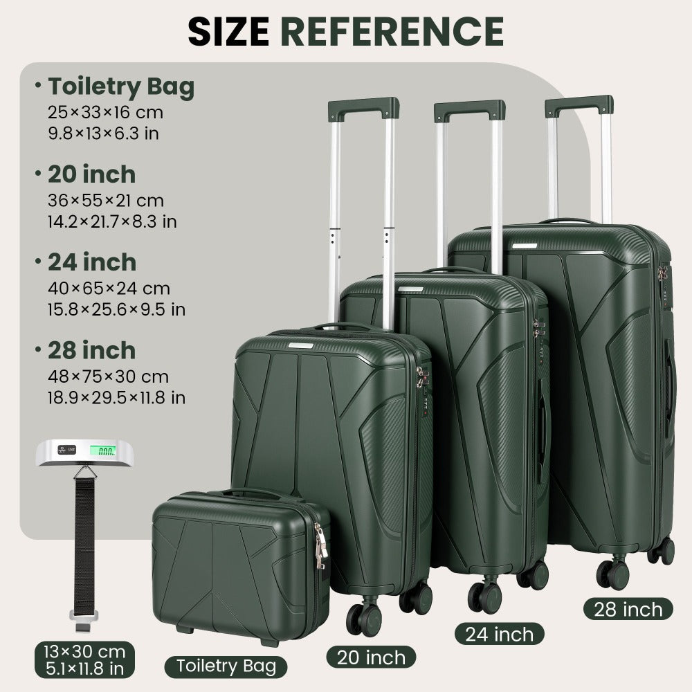 Juego de equipaje rígido de 4 piezas con balanza de equipaje gratuita – Maleta de 20/24/28 pulgadas + Maleta de tocador – Maletas de viaje ligeras de carcasa dura – Ruedas giratorias de 360° – Cerradura TSA – Equipaje de mano y de facturación – ABS – Para