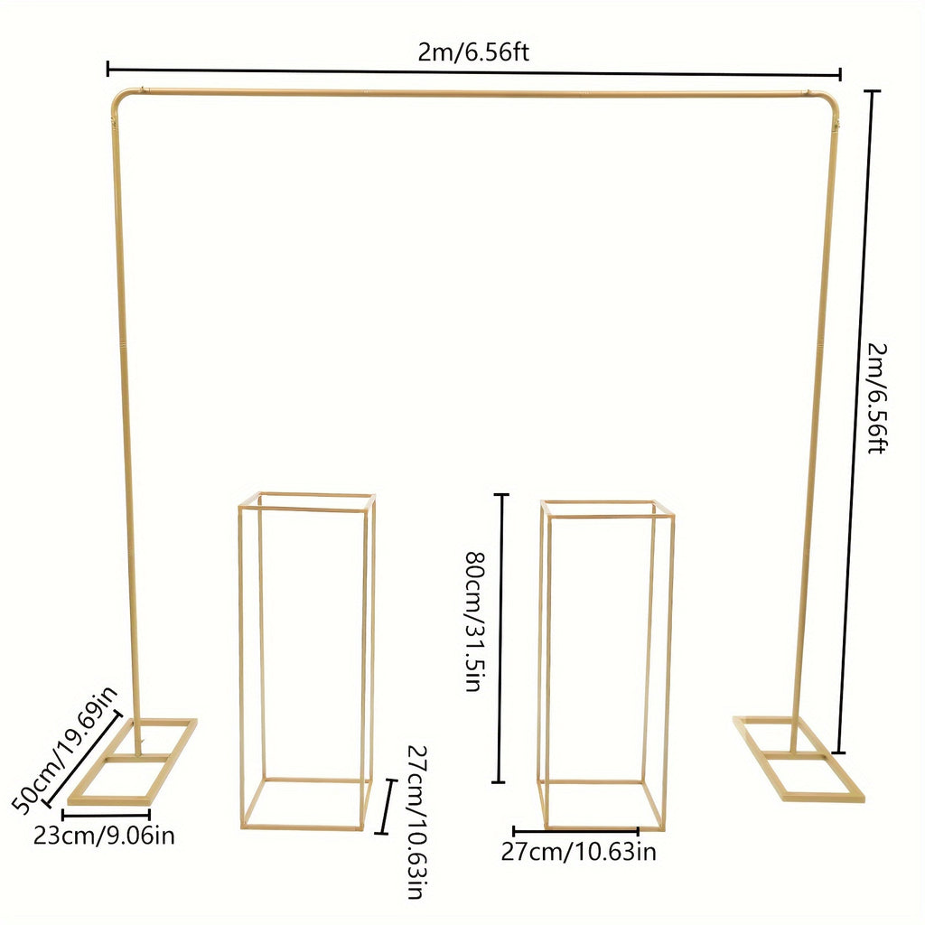 Soporte de 2 x 2 metros + 2 piezas de estantes cuadrados para flores de 27 x 27 x 80 cm, dorados, para bodas, fiestas de cumpleaños