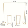 Soporte de 2 x 2 metros + 2 piezas de estantes cuadrados para flores de 27 x 27 x 80 cm, dorados, para bodas, fiestas de cumpleaños
