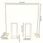 Soporte de 2 x 2 metros + 2 piezas de estantes cuadrados para flores de 27 x 27 x 80 cm, dorados, para bodas, fiestas de cumpleaños