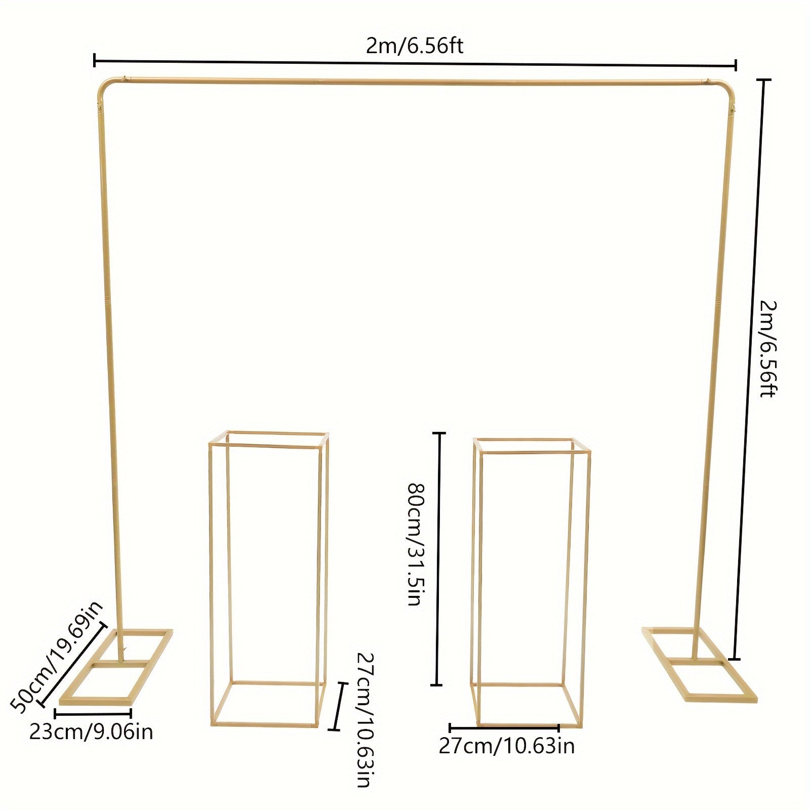 Soporte de 2 x 2 metros + 2 piezas de estantes cuadrados para flores de 27 x 27 x 80 cm, dorados, para bodas, fiestas de cumpleaños