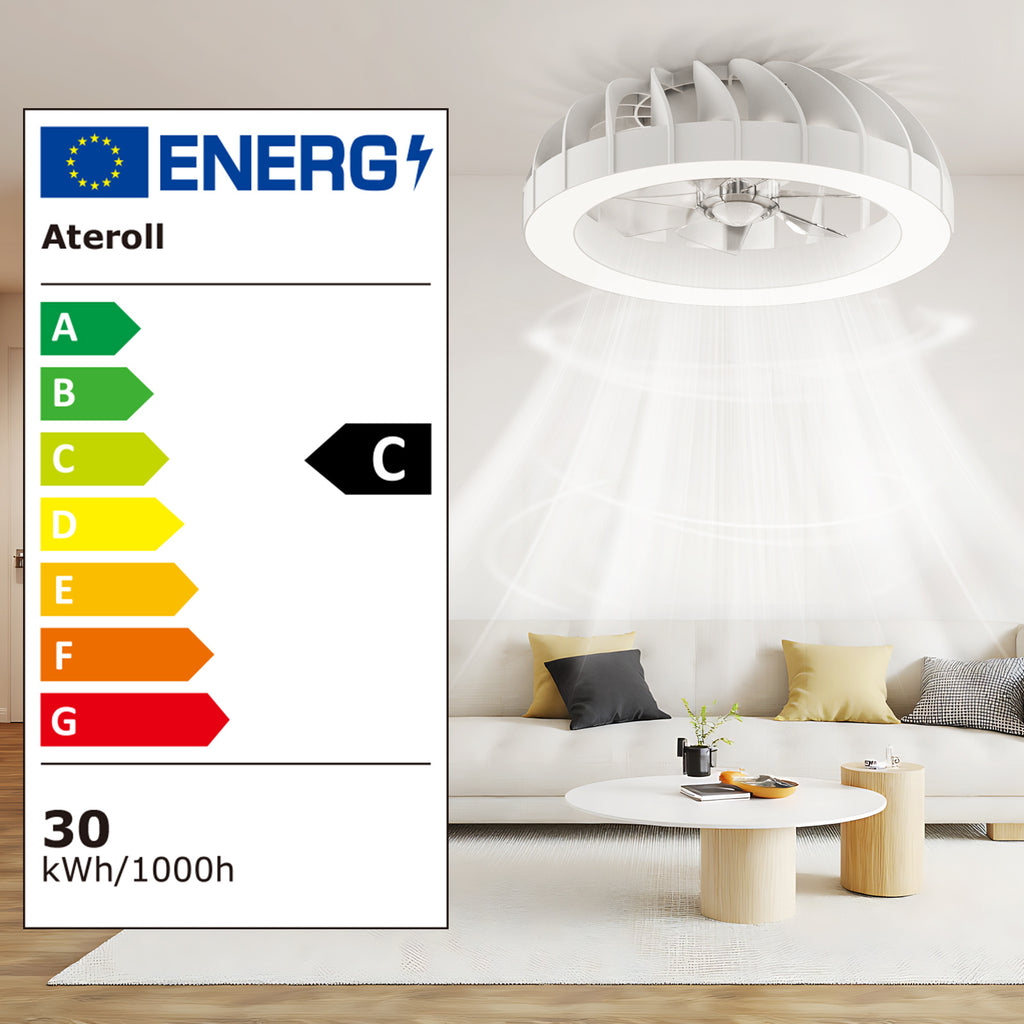 Ventilador de techo Ateroll con iluminación, diámetro 46 cm, ventilador de techo RGB con luz y control remoto, 6 niveles de viento, 3000 K - 6500 K, LED regulable, temporizador silencioso, luz de techo con ventilador para dormitorio, sala de estar