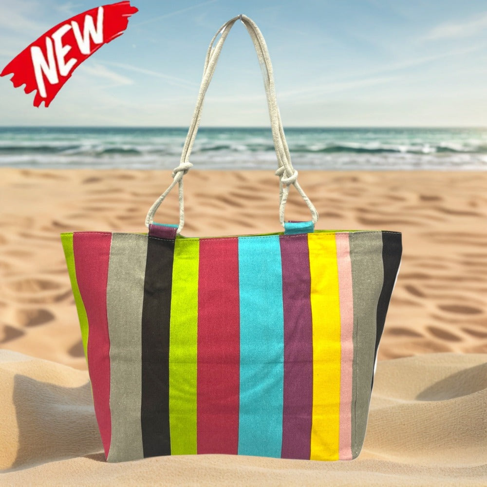 TOTE BAG Grande Rayas Multicolor – BOLSO DE PLAYA de Lona con Asas de Cuerda, Capacidad Extra, 6 Colores Disponibles