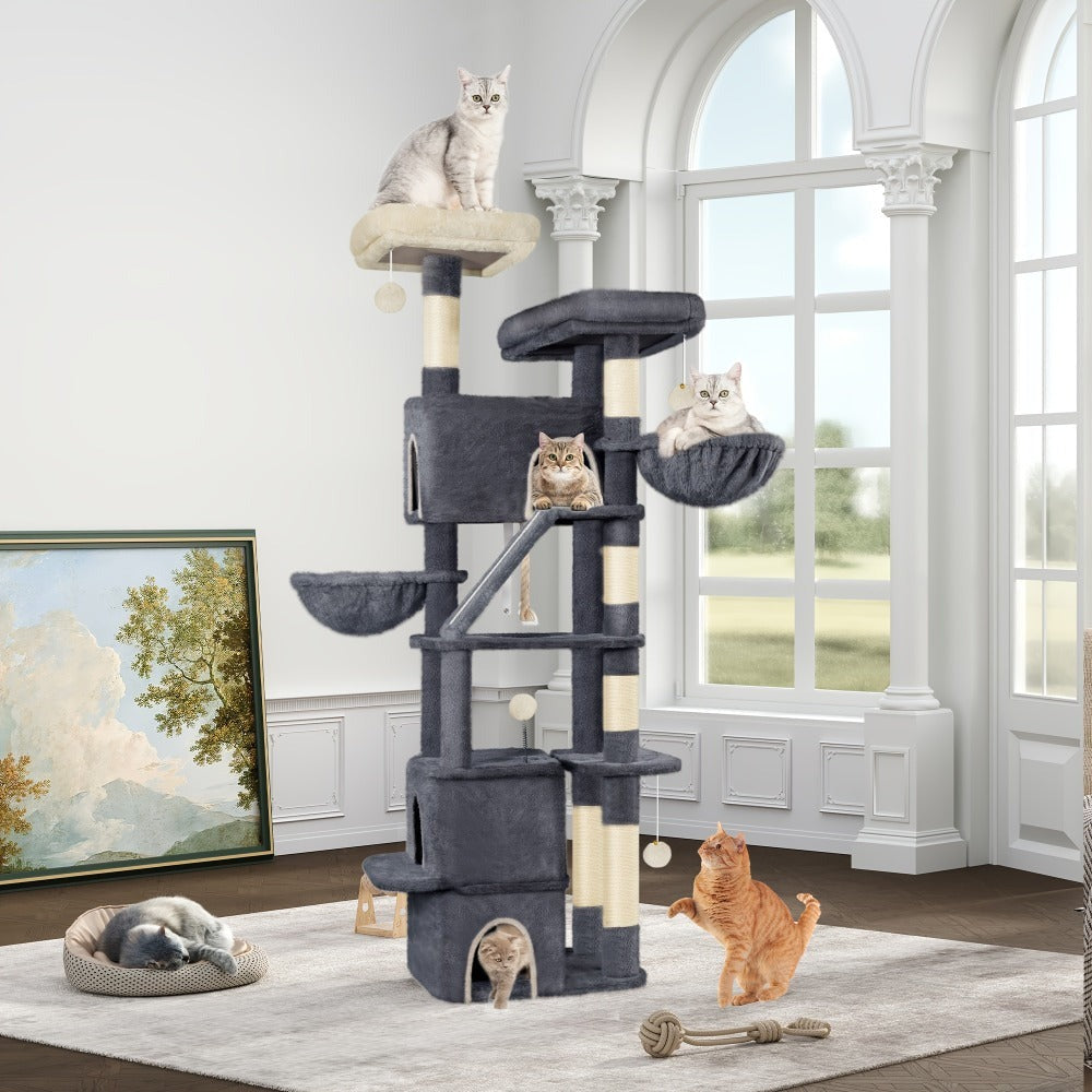 Rascador para Gatos Grande de 185 cm con 6 Postes para Rascar, 3 Cuevas, 2 Plataformas de Observación, 2 Cestas, 4 Pelotas de Peluche, Rascador Multinivel para Gatos