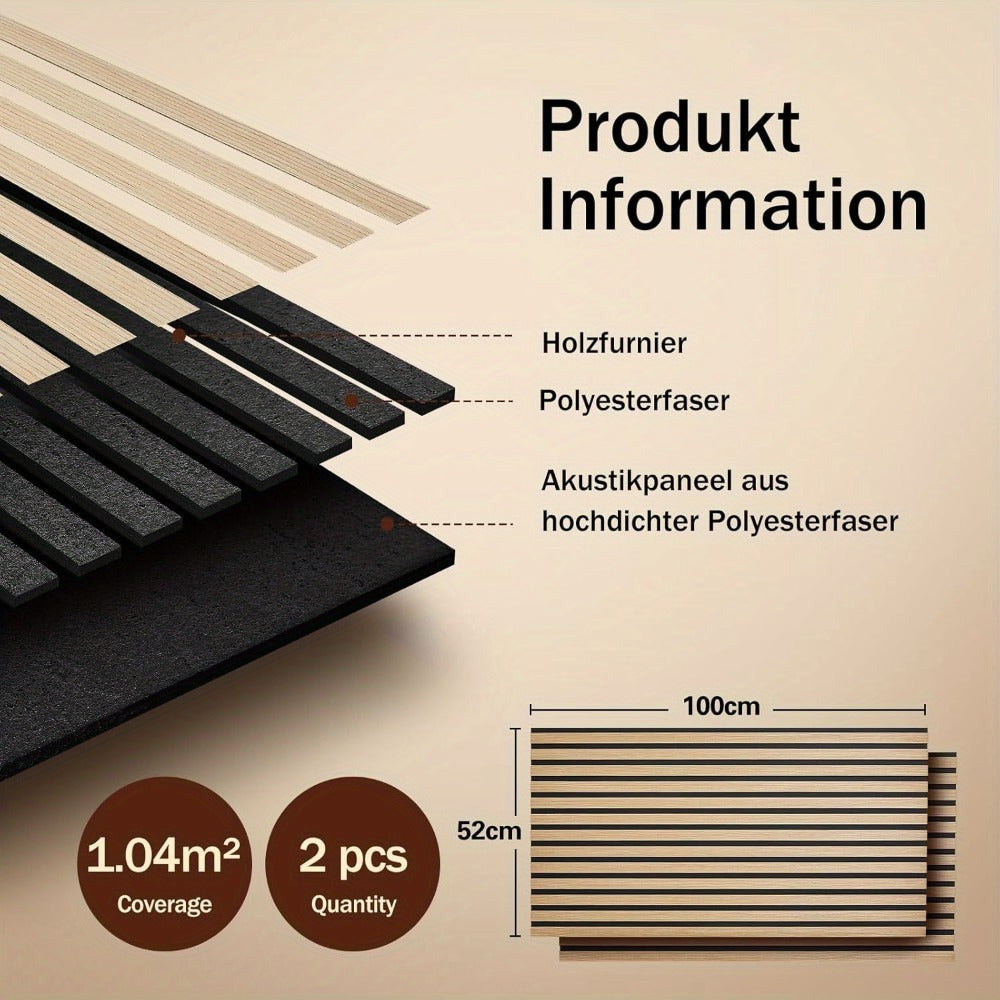Juego de 2 paneles acústicos autoadhesivos, de 100X52 cm, diseñados para insonorización y reducción de eco. Estos paneles de revestimiento de madera son perfectos para decorar paredes en salas de estar, oficinas y hogares.