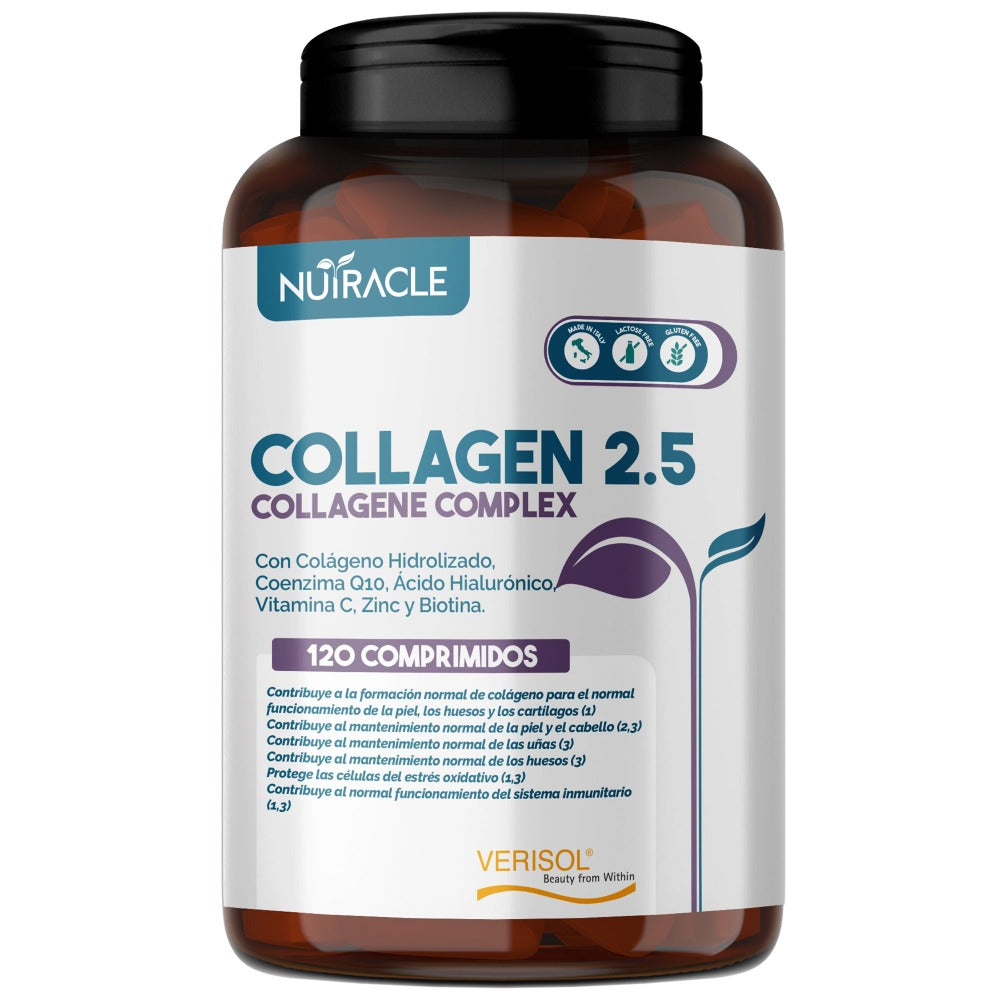 Collágeno Hidrolizado Verisol® 2500 mg + Ácido Hialurónico + Coenzima Q10 - Suplemento para Piel, Cabello y Huesos con Biotina, Zinc y Vitamina C - 120 comprimidos, Nutracle