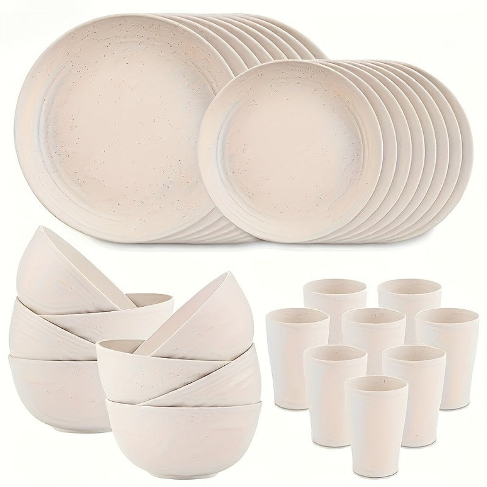 Juego de vajilla duradero de 32/16 piezas de paja de trigo - Apto para microondas y lavavajillas - Platos, cuencos y tazas reutilizables - ¡Perfecto para uso diario!