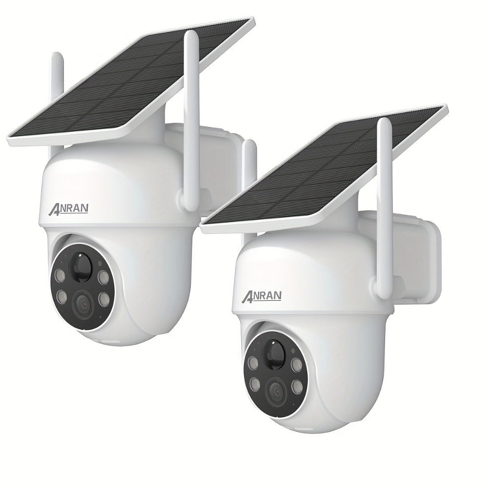 2 cámaras de seguridad solar ANRAN inalámbricas para exteriores, cámara WiFi 2.4G para seguridad del hogar con panel solar fijo, PTZ 360° para vigilancia doméstica, detección de humanos PIR, visión nocturna en color, comunicación bidireccional, color blan