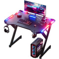 Escritorio gaming resistente en forma de Y con luces LED RGB duales, mesa de ordenador con portavasos y gancho para auriculares, superficie ergonómica de fibra de carbono, mesa para gamers para oficina en casa, dormitorio, negro