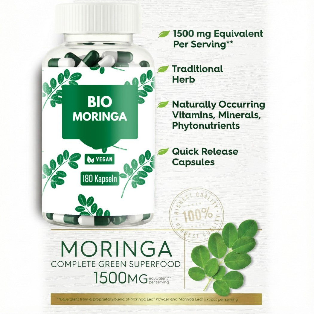 Cápsulas de Moringa de Alta Dosis – 1500 mg Dosis Diaria – 180 Cápsulas Veganas de Moringa – Hechas de Polvo de Moringa – Suplemento de Moringa Probado en Laboratorio – Sin Aditivos