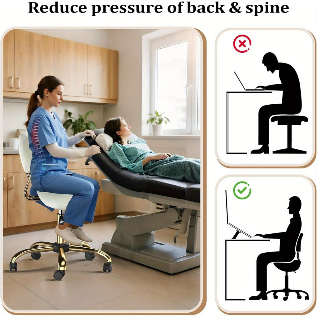 Taburete Bonnlo con Respaldo Extraíble, Taburete Giratorio de 360°, Taburete de Altura Ajustable (48-63Cm), Taburete Ergonómico con Ruedas y Capacidad de Carga de 180Kg para Salón/Oficina/Bar, Cuero Sintético (Blanco-Dorado, 40X34X91)