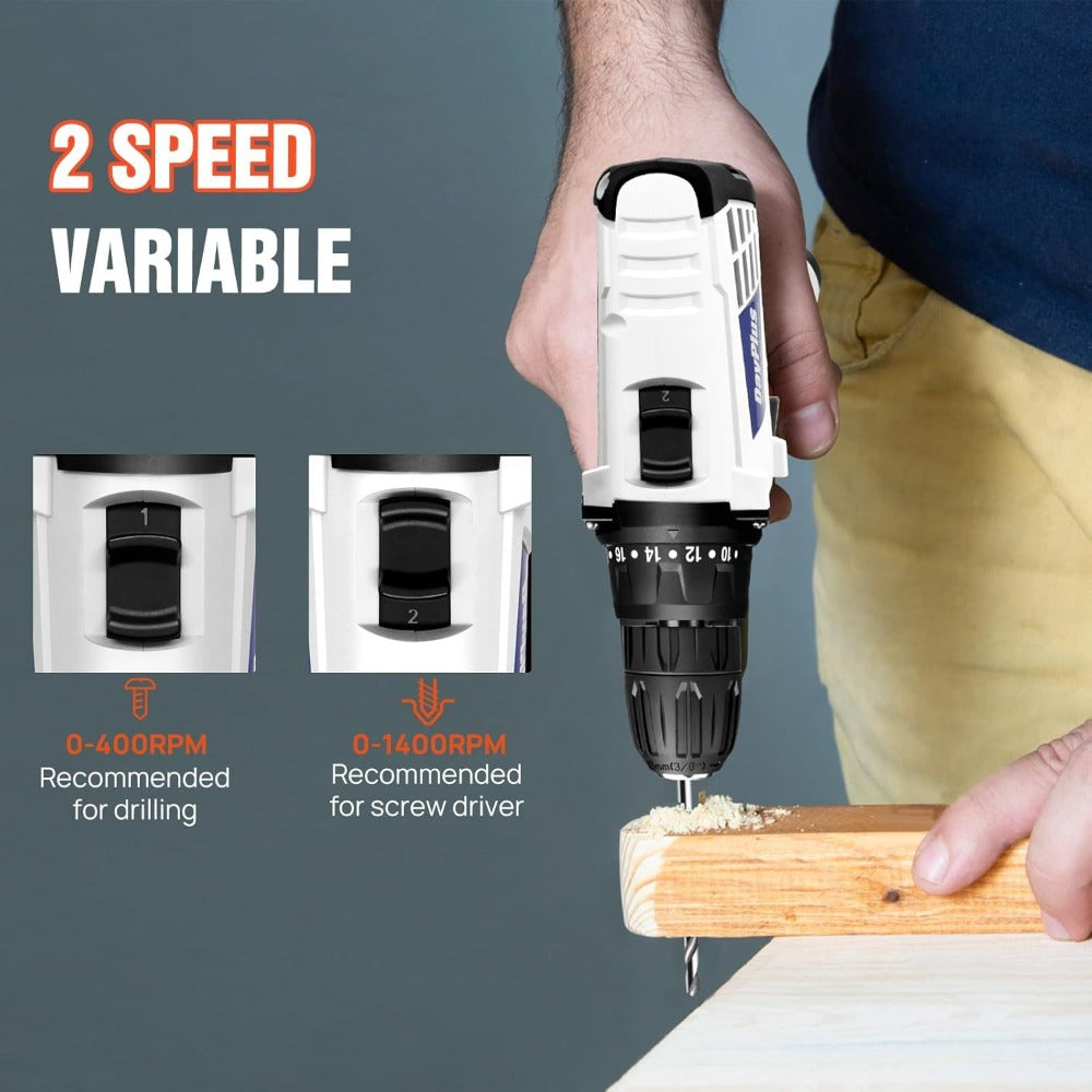 Atornillador Inalámbrico de Poder con 1x O 2x Baterías y 23 Puntas, 18+1 Ajuste de Torque, Taladro Combi de 2 Velocidades, Kit de Taladro con Garfio de 3/8" con Caja de Almacenamiento para Bricolaje en el Hogar, Luz LED para Cemento, Hormigón, Techo, Ladr