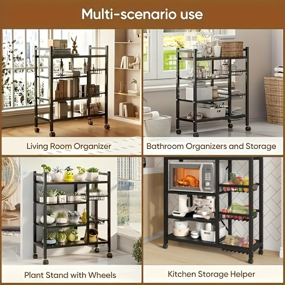 1pc Estante Rodante Ajustable de 4 Niveles con 3 Cestas de Alambre y Estructura Independiente - Unidad de Almacenamiento Móvil Ideal para Garaje, Despensa, Baño, Organizador de Armario, Ahorro de Espacio, Regalo para Hogar Nuevo, Estructura de Metal Pinta