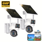 2 cámaras de seguridad solares de 8MP, 2.4Ghz Wifi, monitoreo de seguridad de alta definición, lente dual, rotación automática, movimiento, detección, llamada bidireccional, cámara de vigilancia de seguridad, batería de 365 días, con visión nocturna