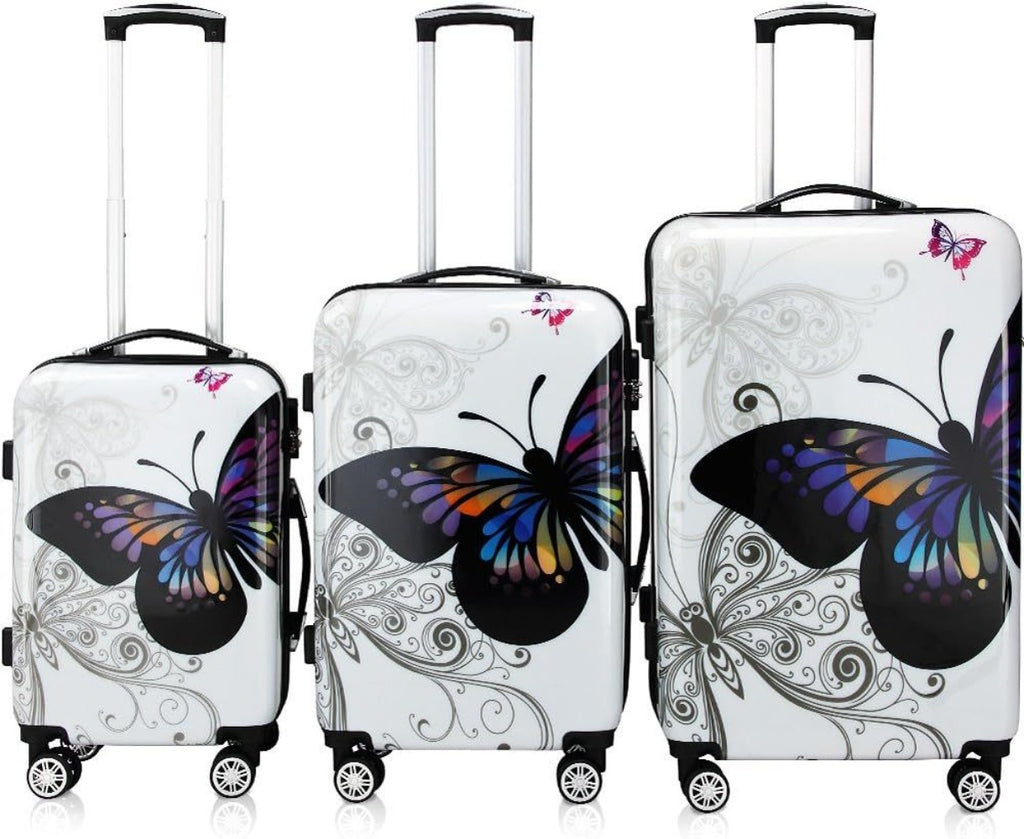 Monzana® Completo Set de 3 Maletas de Viaje Butterfly 42L 66L 98L Valijas Equipaje Mango Telescópico 4 Ruedas 360°