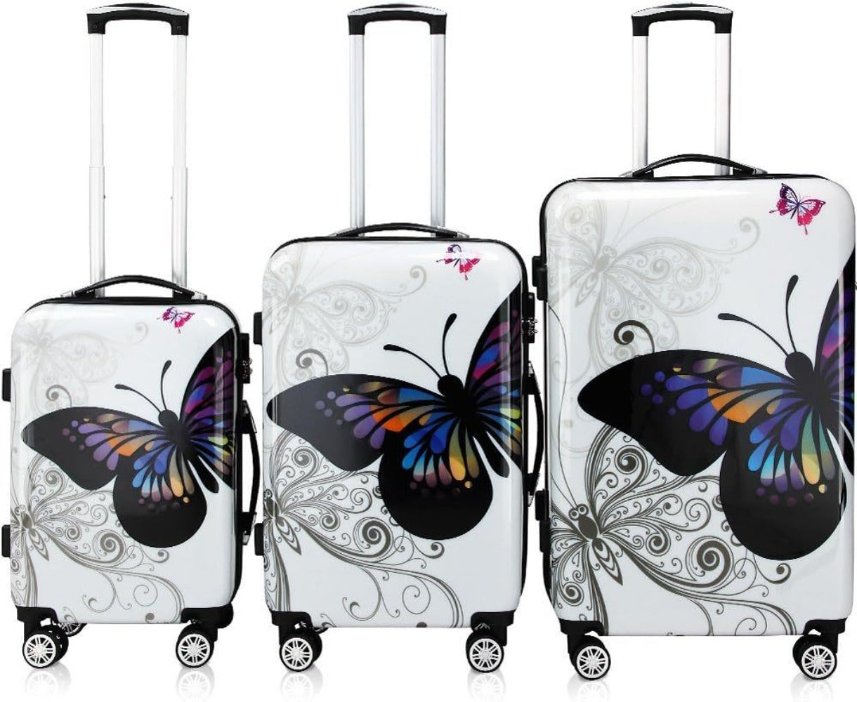 Monzana® Completo Set de 3 Maletas de Viaje Butterfly 42L 66L 98L Valijas Equipaje Mango Telescópico 4 Ruedas 360°