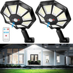 Juego de 2 farolas solares con sensor de movimiento y control remoto, luces solares de jardín de 168 LED con 3 modos de iluminación, reflector de iluminación de ángulo amplio de 360°, para calles comerciales, garajes, patios, terrazas de jardín y emergenc