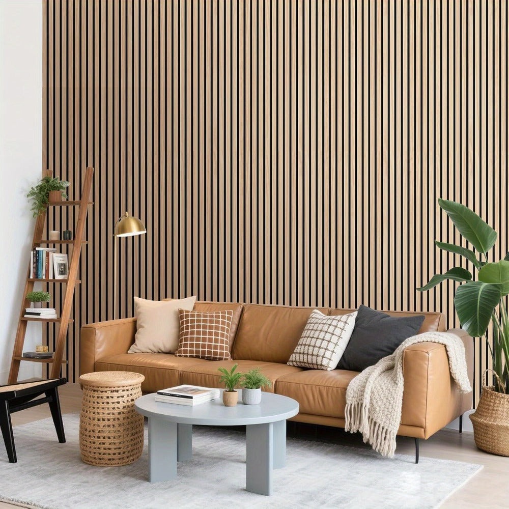 Juego de 2 paneles acústicos autoadhesivos, de 100X52 cm, diseñados para insonorización y reducción de eco. Estos paneles de revestimiento de madera son perfectos para decorar paredes en salas de estar, oficinas y hogares.