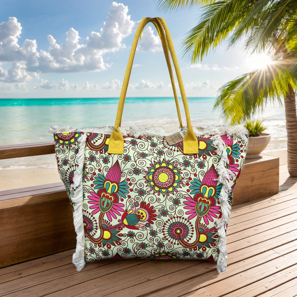 MEJORADA Bolso de Playa Grande con Estampado Colorido y Flecos, Estilo Tote con Forro Interior, Tamaño 55x35x20 cm - Ideal para Playa, Piscina y Viajes