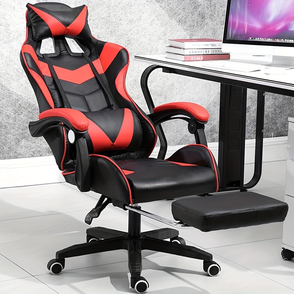 Silla de oficina ergonómica diseñada para gaming, con reposapiés, respaldo alto, giro ajustable y soporte lumbar, hecha de cuero PU en estilo racing para entusiastas de los E-Sports