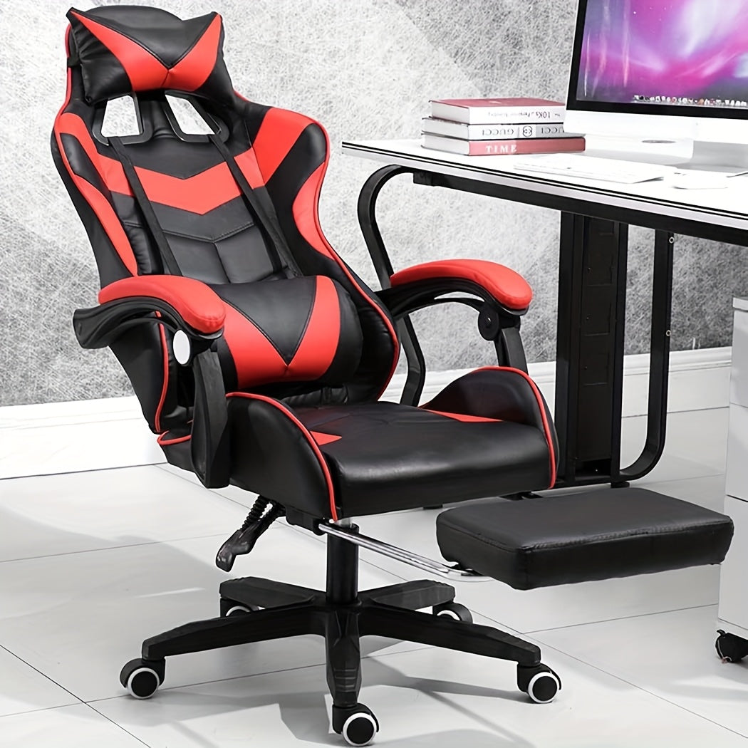 Silla de oficina ergonómica diseñada para gaming, con reposapiés, respaldo alto, giro ajustable y soporte lumbar, hecha de cuero PU en estilo racing para entusiastas de los E-Sports