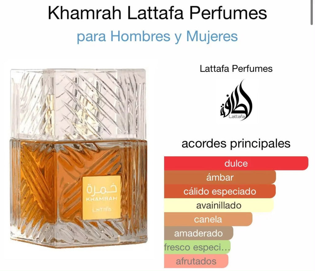 Lattafa Khamrah Perfume Unisex 100ml Eau de Parfum Original Fragancia Gourmand Notas Bergamota Canela Dátiles Vainilla