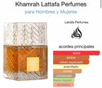 Lattafa Khamrah Perfume Unisex 100ml Eau de Parfum Original Fragancia Gourmand Notas Bergamota Canela Dátiles Vainilla