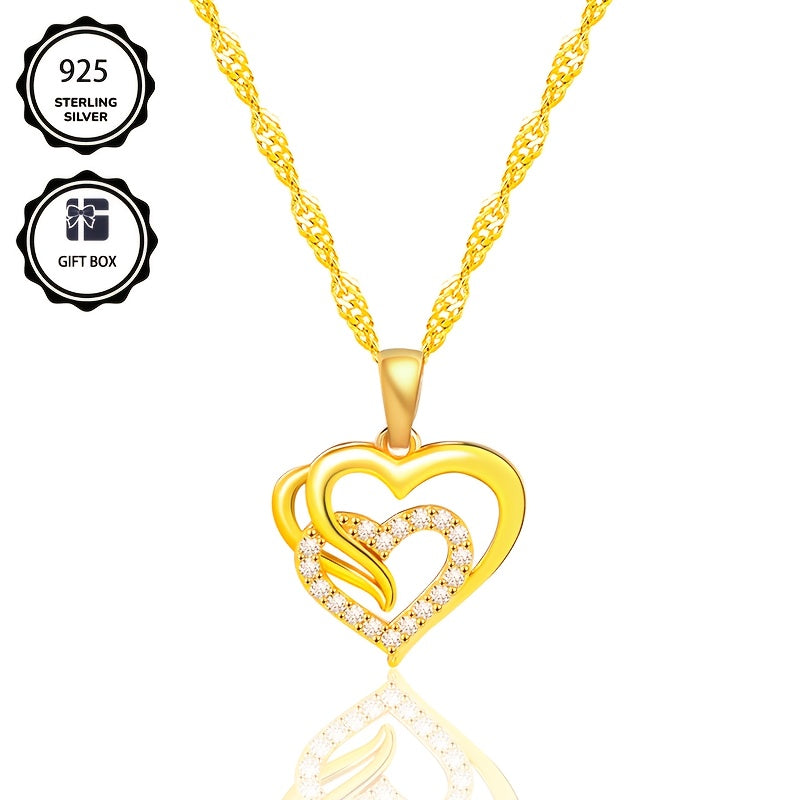 Un elegante collar colgante en plata 925 para mujeres, con una cadena de onda única y un colgante de corazón de circonita sintética brillante, ideal como regalo de vacaciones o para mujeres, incluye caja de regalo