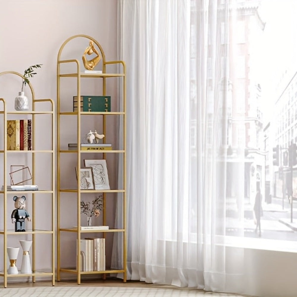 Estantería, Librero de Vidrio Templado, Unidad de Estantería Delgada para Dormitorio, Baño, Oficina en Casa, Estructura de Acero, 6 Estantes Dorados, Estantes